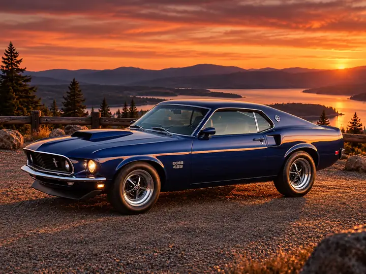 Blue classic car in its original road photograph