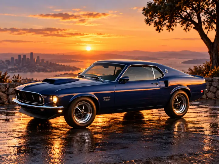 Blue classic car isolated from the road