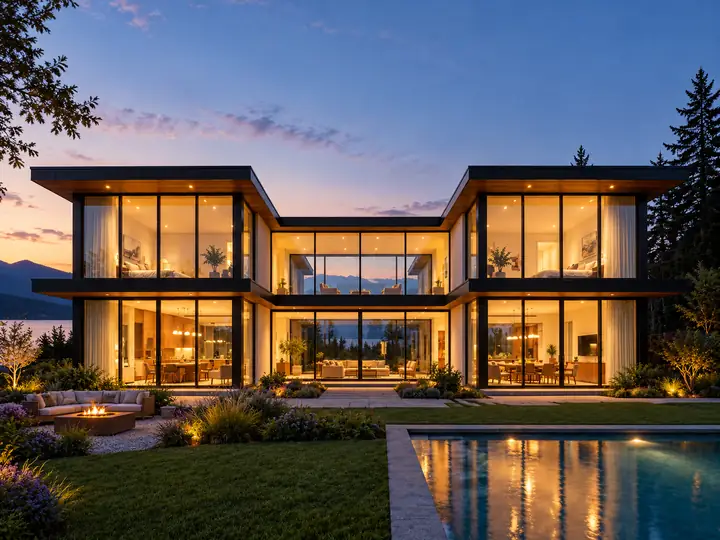 Modern house in its original dusk setting