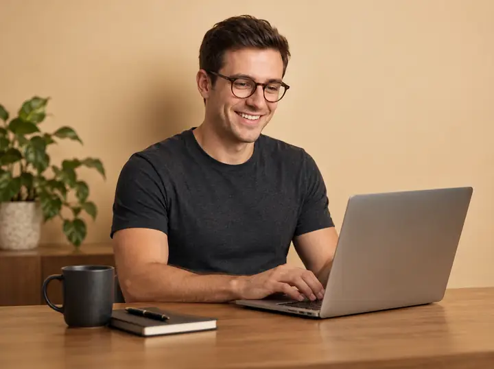 Professional working with a laptop in a neutral setting
